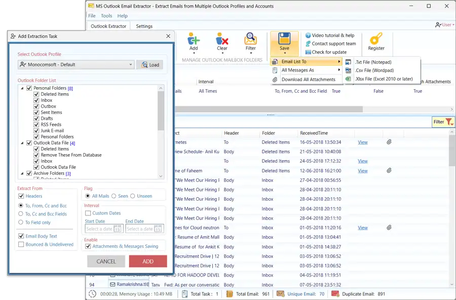 Export Outlook Emails to Excel feature preview