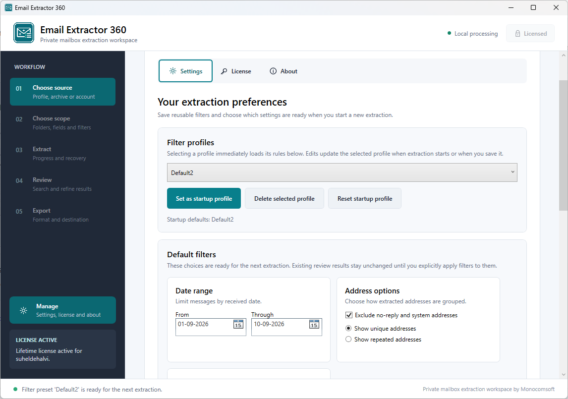 Email Extractor 360 advanced filters and settings screen