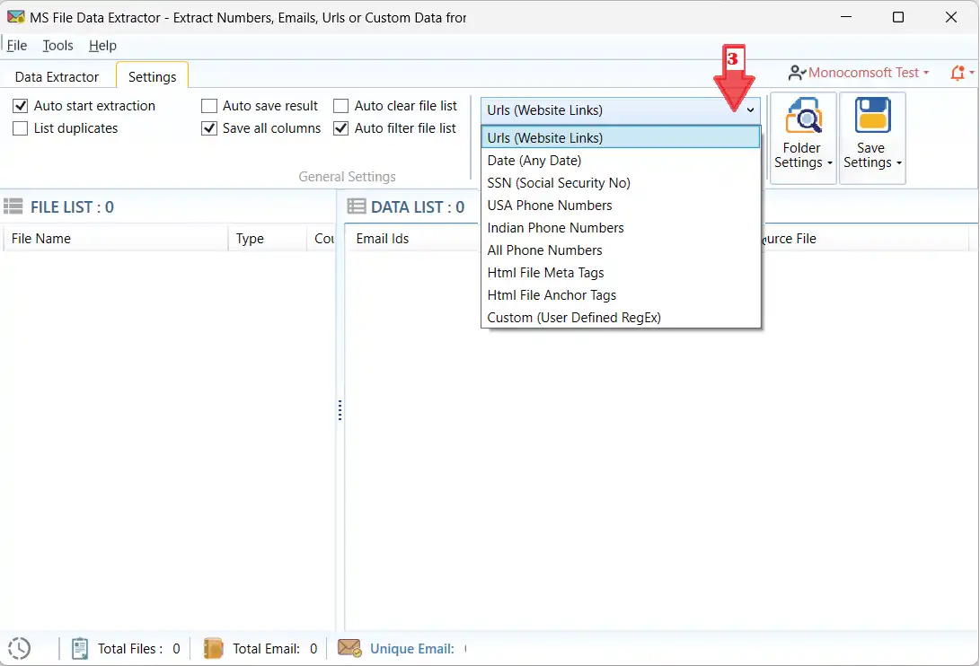 File Data Extractor custom regular expression controls and extraction field settings