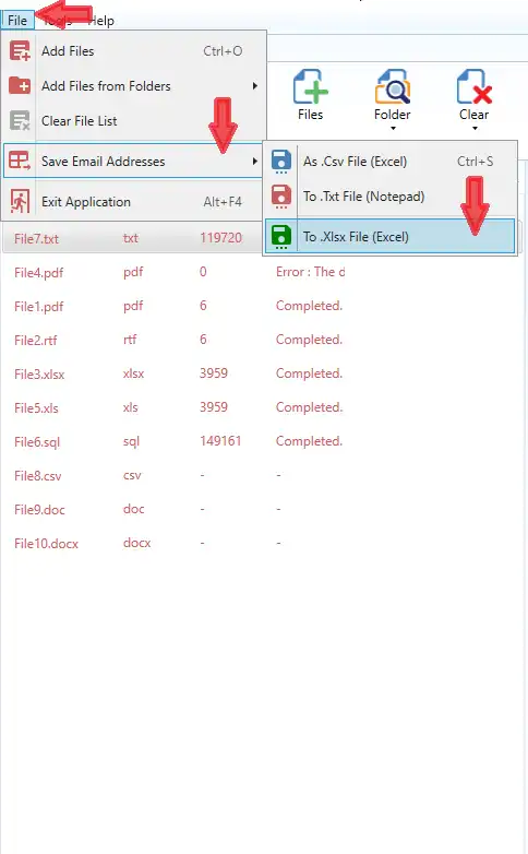 File Data Extractor Save menu showing structured local output options