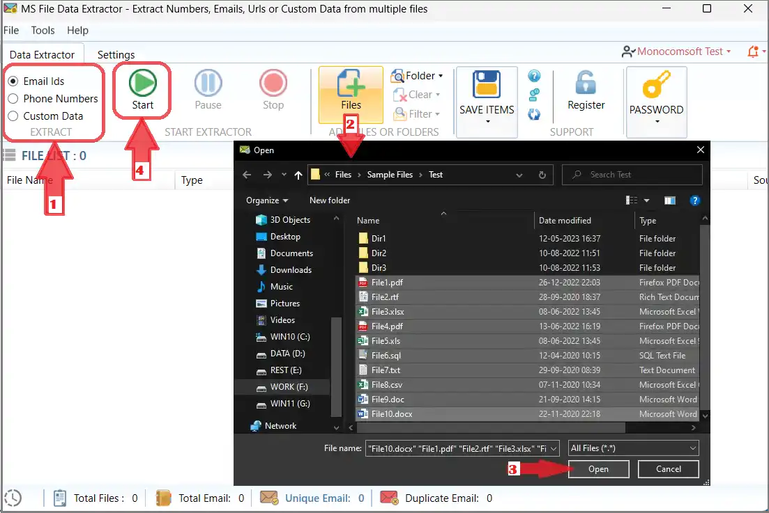 File Data Extractor window showing supported field choices and the local file selection dialog