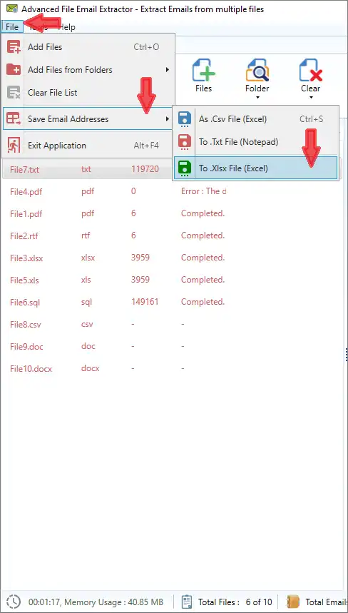 File Email Extractor Save Email Addresses menu showing CSV, TXT and XLSX output options