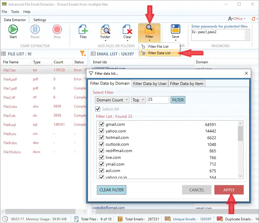 File Email Extractor filter dialog showing domain counts and controls for filtering the extracted address list