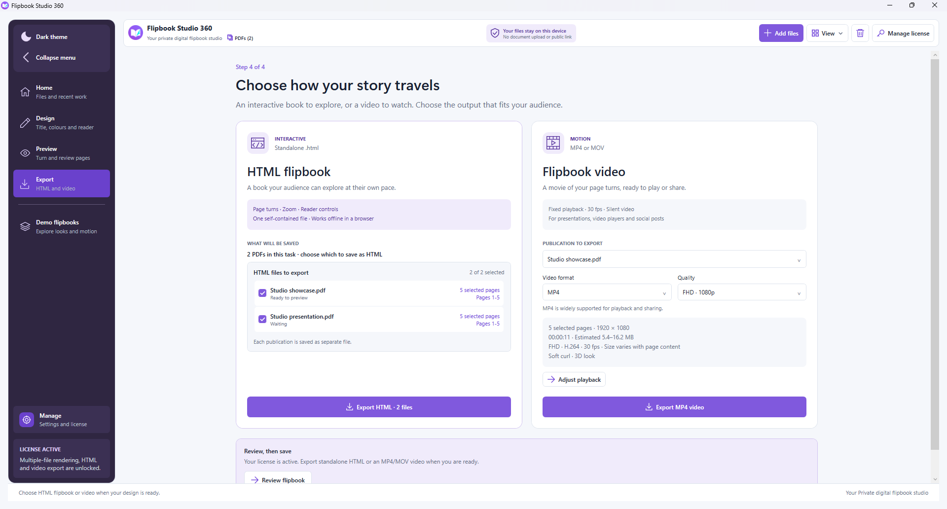 Choose interactive HTML or a page-turning video.
