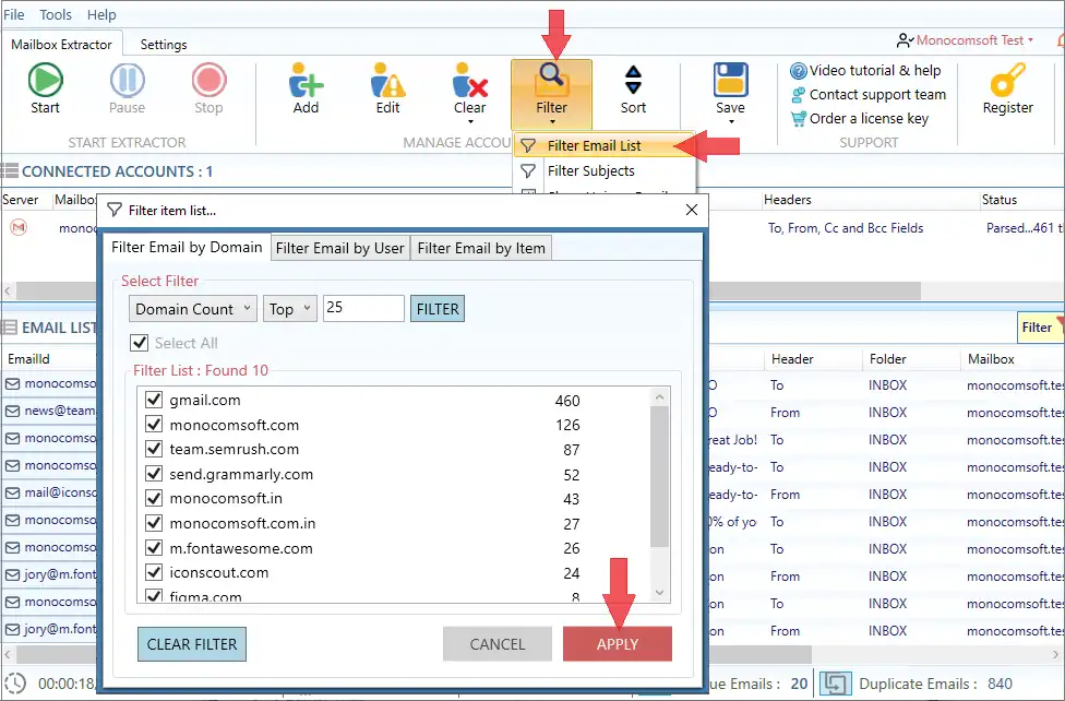 IMAP Extractor Pro filter controls for reviewing extracted mailbox results