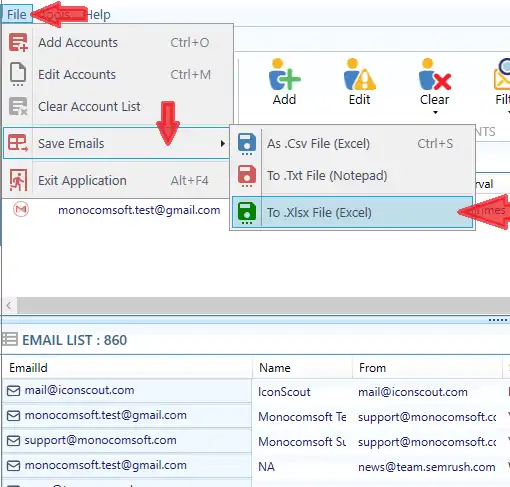 IMAP Extractor Pro Save menu showing available local output choices