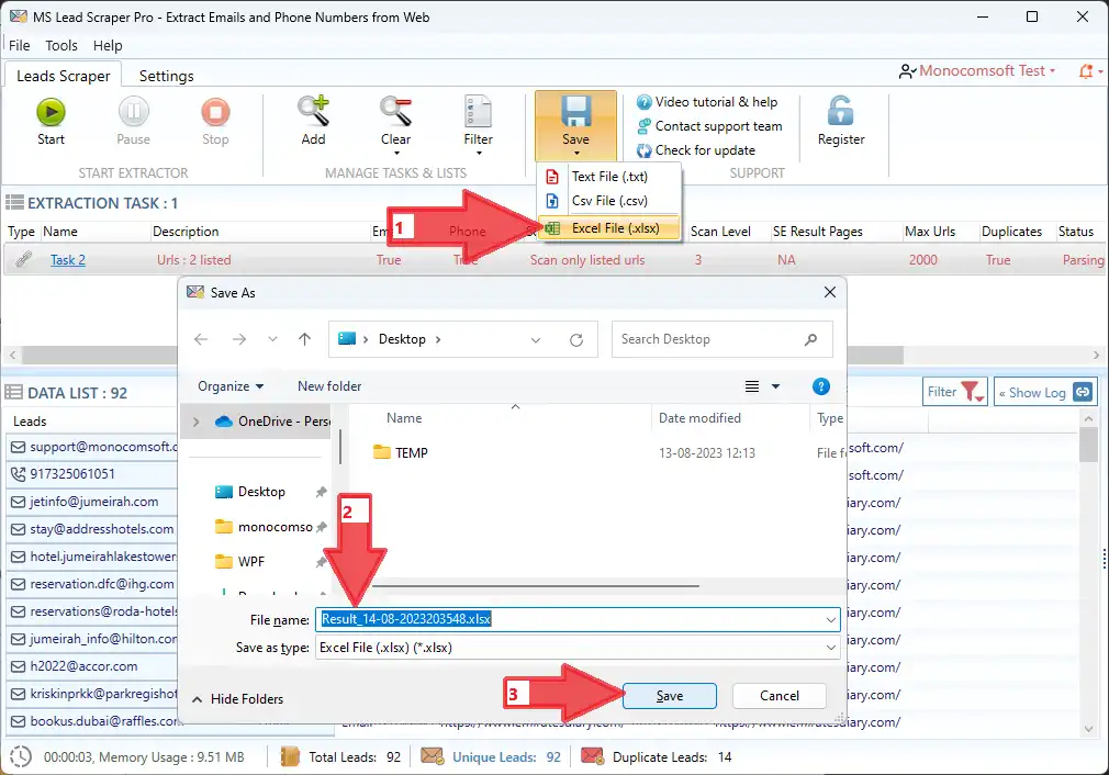 Lead Scraper Pro export controls for saving reviewed leads to Excel