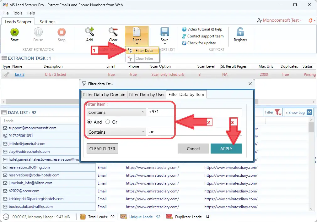 Lead Scraper Pro result list with filtering and duplicate cleanup controls