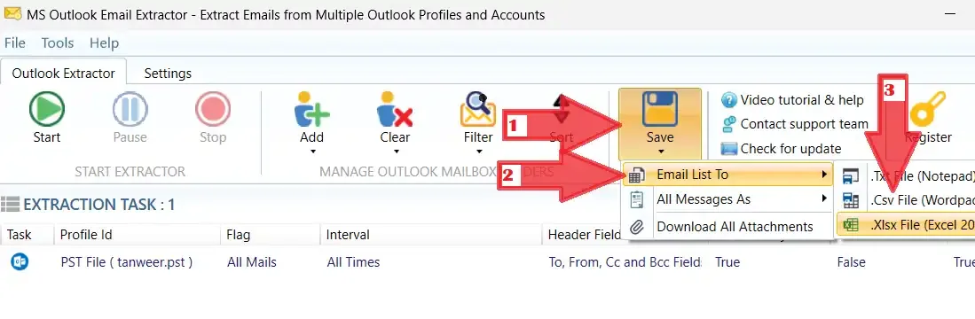 Outlook Email Extractor Save menu showing email list, message and attachment output choices