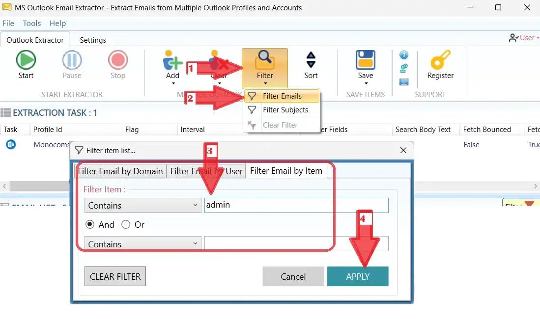 Outlook Email Extractor filter dialog showing domain, user and item filtering options