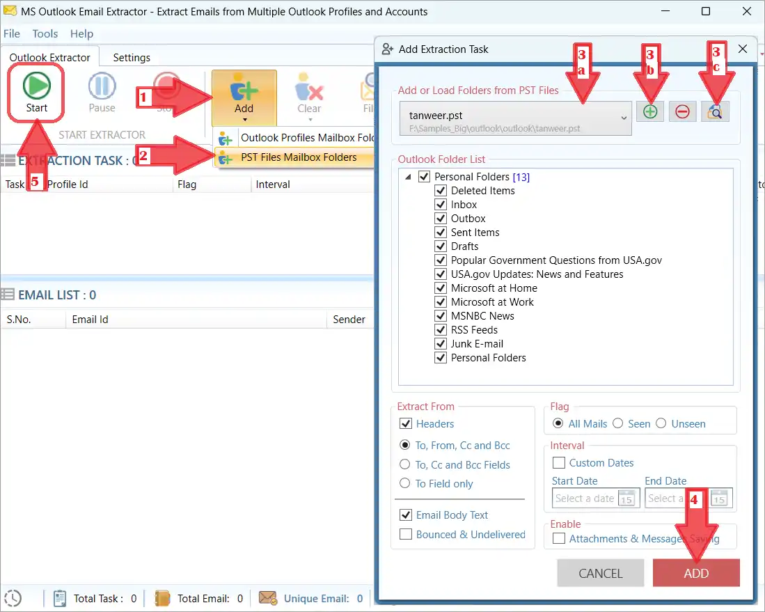 Outlook Email Extractor Add Extraction Task window showing PST file and folder selection controls
