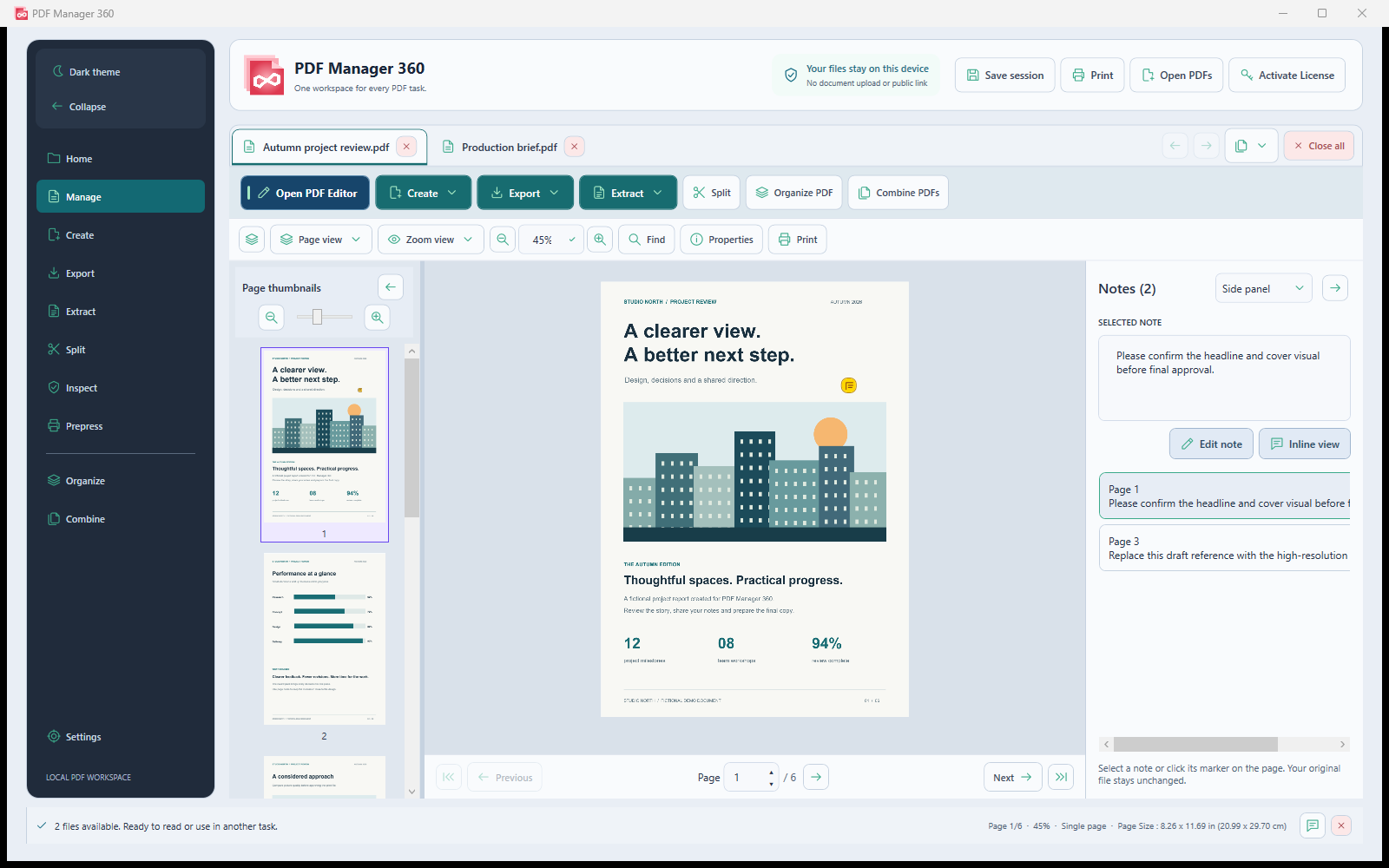 PDF Manager 360 Manage screen with two PDF tabs, page thumbnails and an embedded sticky-note comments panel