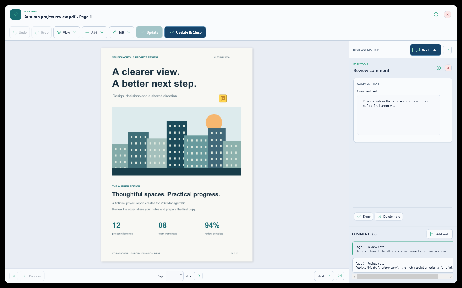 PDF Editor with a selected sticky note, editable comment text, notes list and Update and Close action