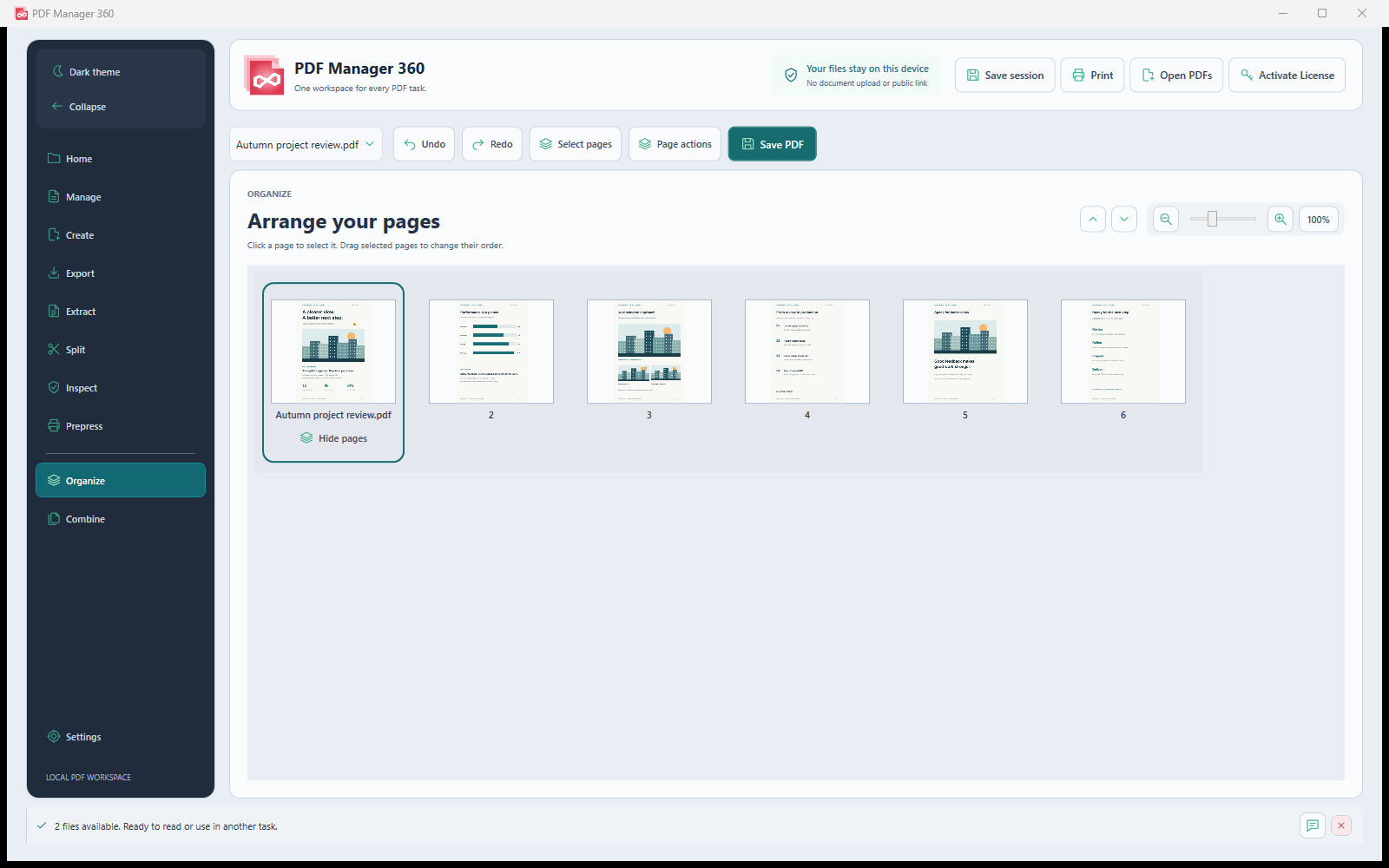 Organize screen with six PDF page thumbnails and page action controls