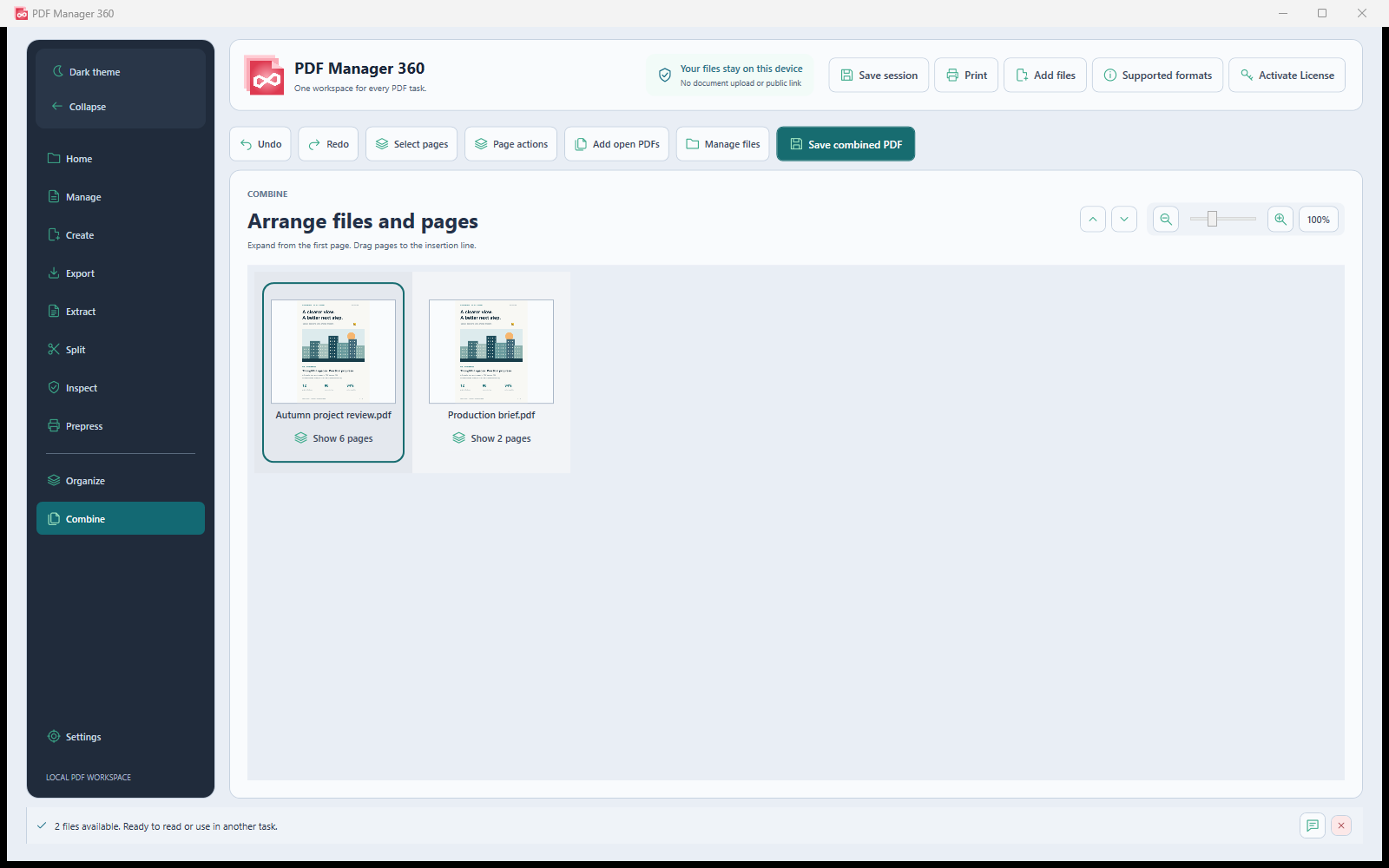 Combine screen with two PDF document cards and expandable groups of six and two pages