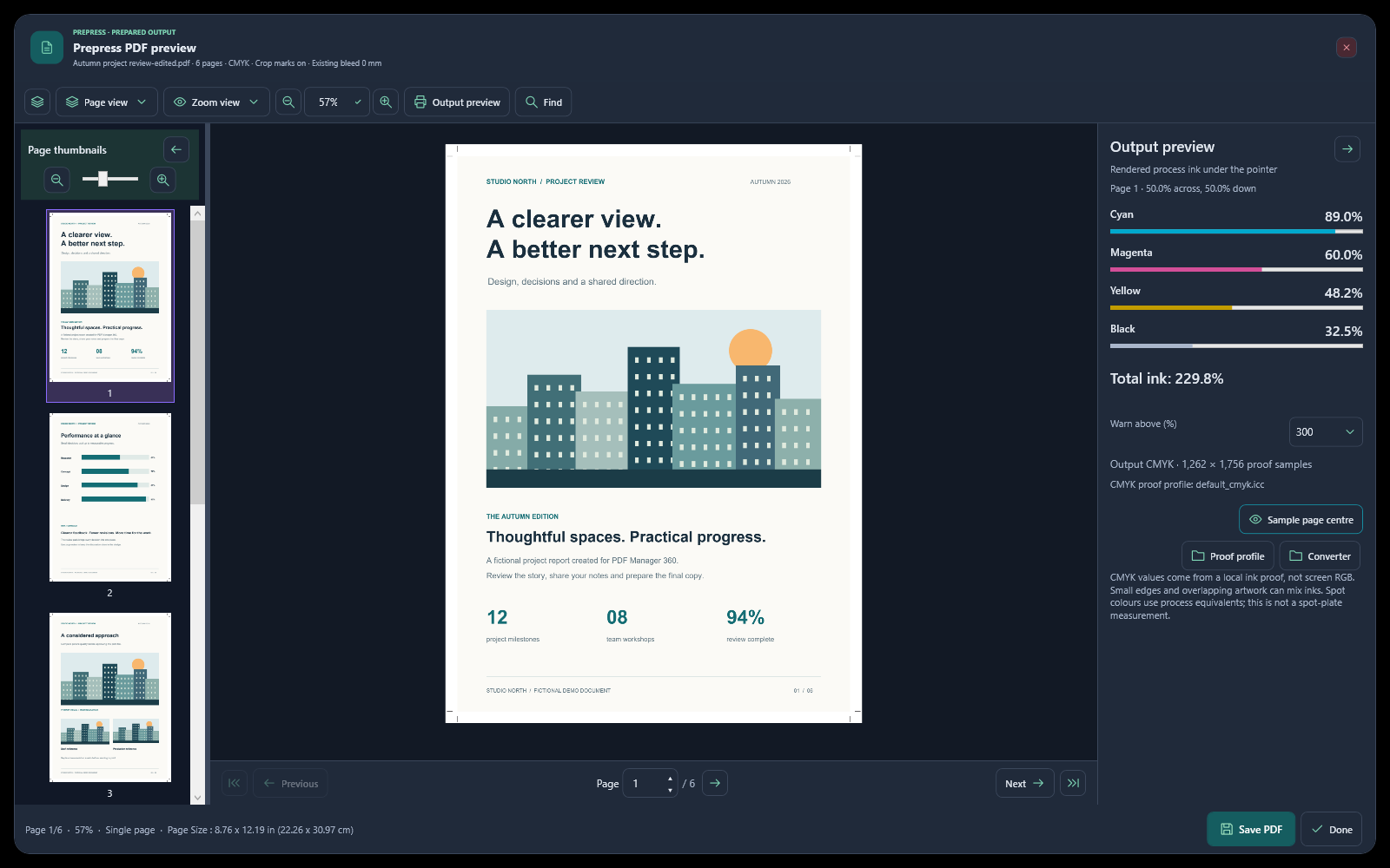 Prepared PDF preview with visible crop marks, CMYK coverage bars, total ink and Save PDF beside Done