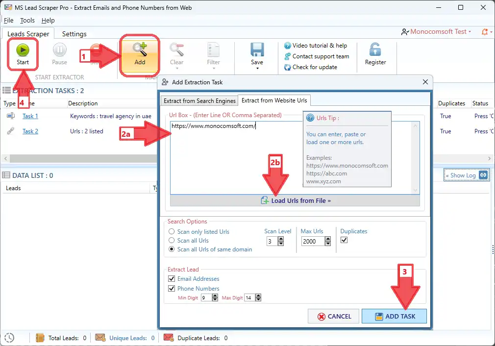Phone Number Extractor Pro window showing public website sources for phone-number extraction