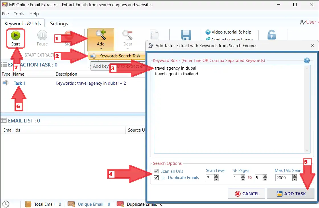 Web Email Extractor keyword source window showing search terms and location controls