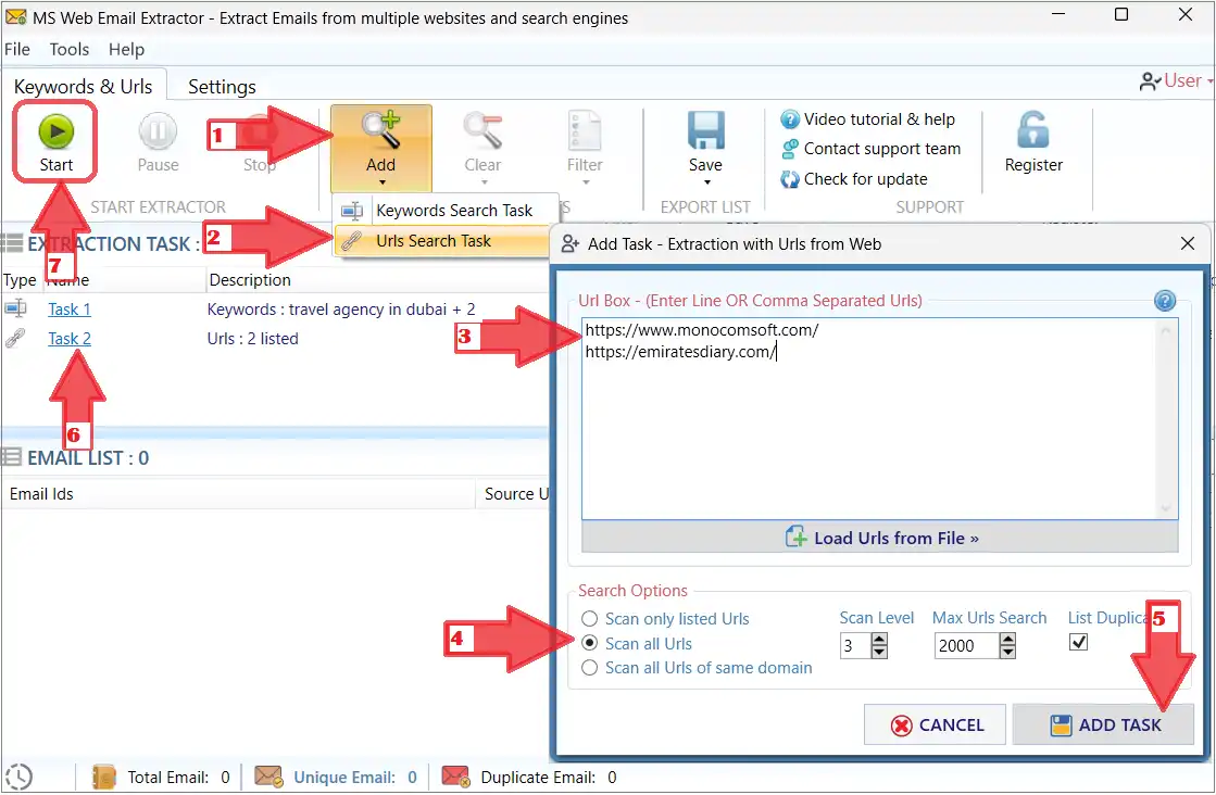 Web Email Extractor window showing public website URLs added as extraction sources