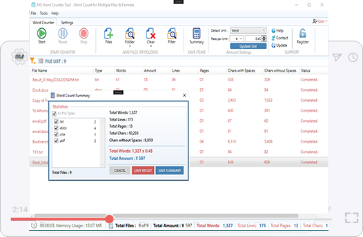 Word Counter Pro Windows interface showing a bulk document counting job and file totals